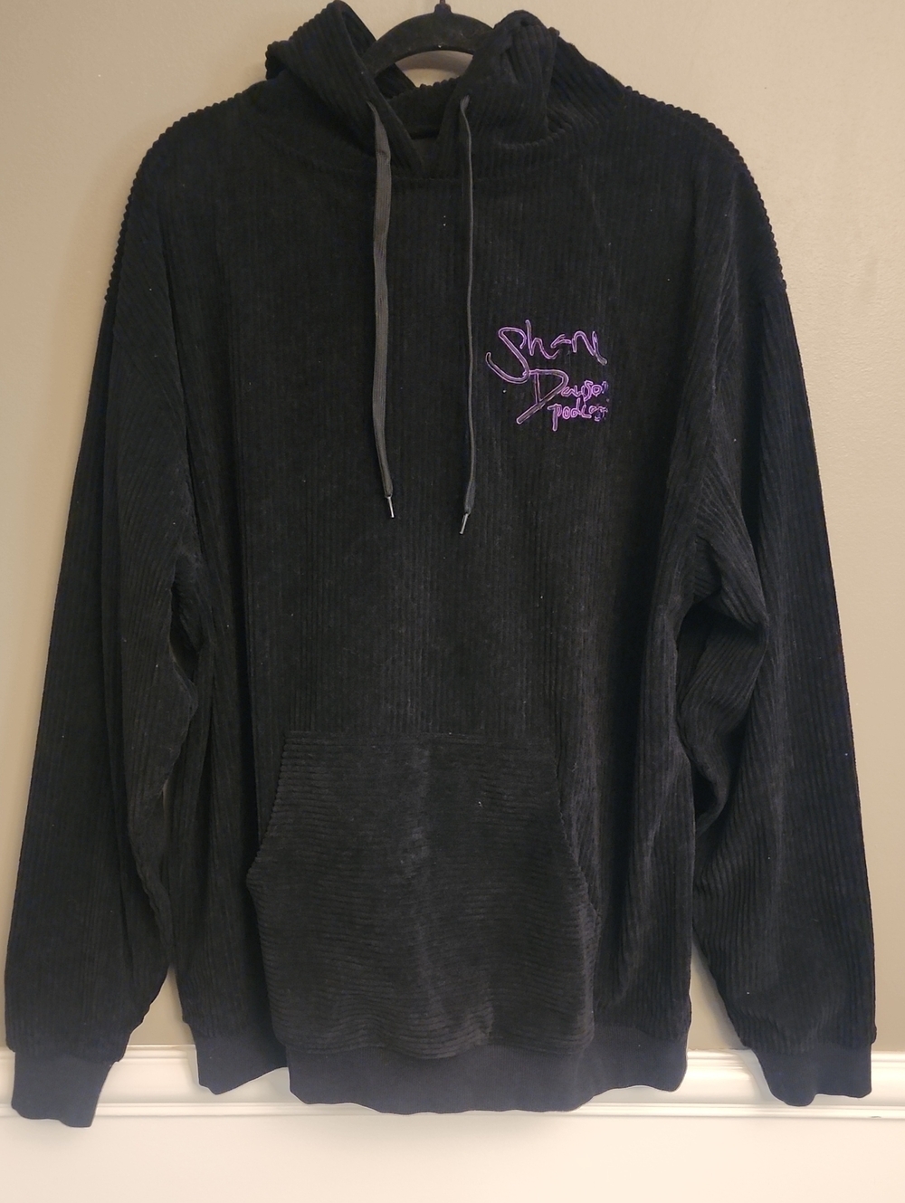 Shane Dawson Podcast Mens Black Corduroy Hoodie with Purple Script Embroidery